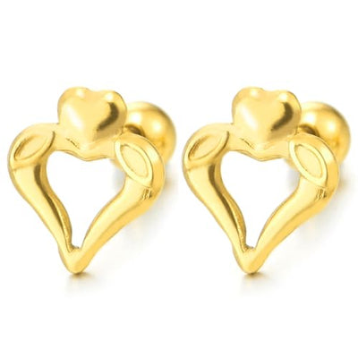 Womens Stainless Steel Gold Color Open Heart Stud Earrings, Screw Back, 2Pcs