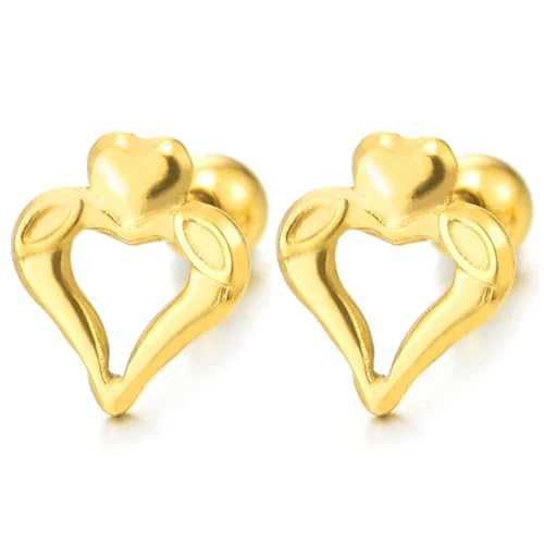 Womens Stainless Steel Gold Color Open Heart Stud Earrings, Screw Back, 2Pcs
