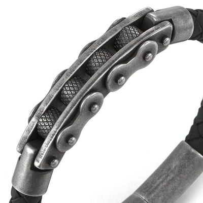 COOLSTEELANDBEYOND Mens Steel Vintage Old Metal Motorcycle Bike Chain Mechanic, Black Braided Leather Bangle Bracelet