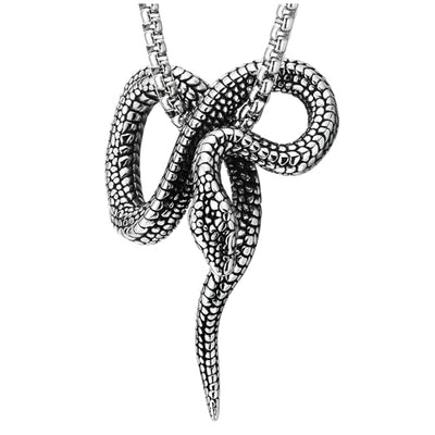 COOLSTEELANDBEYOND Coiled Cobra Snake Pendant, Mens Women Stainless Steel Vintage Necklace, 30 inch Wheat Chain, Gothic