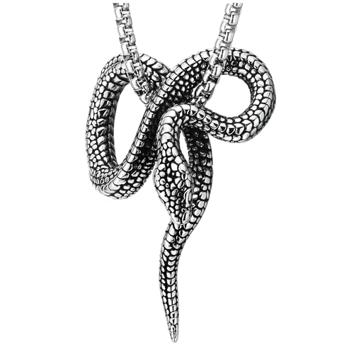 COOLSTEELANDBEYOND Coiled Cobra Snake Pendant, Mens Women Stainless Steel Vintage Necklace, 30 inch Wheat Chain, Gothic