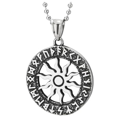 COOLSTEELANDBEYOND Sun Disk Amulet Talisman Wheel Pendant with Old Futhark, Mens Steel Necklace Medallion Circle Medal
