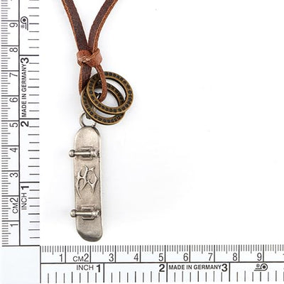 COOLSTEELANDBEYOND Skateboard Pendant, Charm Necklace for Men Women with Adjustable Brown Leather Cord