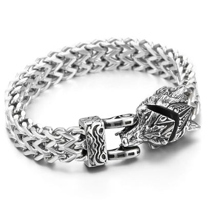 COOLSTEELANDBEYOND Steel Wolf Head Square Franco Chain Mens Biker Masculine Bracelet with Spring Clasp