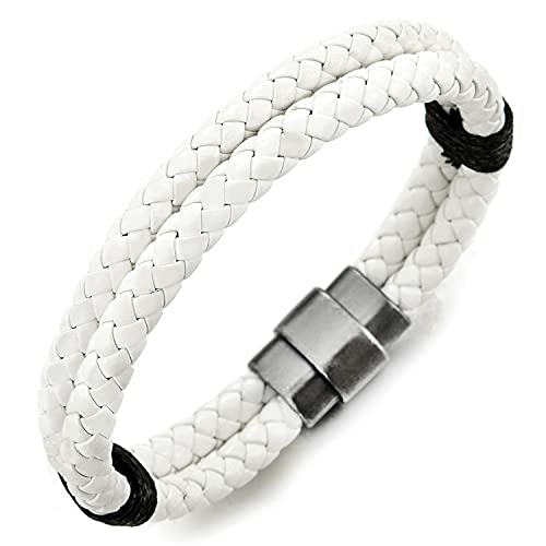 COOLSTEELANDBEYOND Braided Leather Bangle Bracelet for Men Women Genuine Leather Wristband with Magnetic Clasp