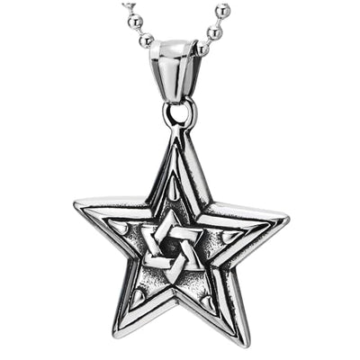 COOLSTEELANDBEYOND Vintage Pentagram Star Pendant Necklace of Stainless Steel, 24 inches Ball Chain, Mens