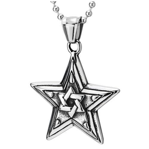 COOLSTEELANDBEYOND Vintage Pentagram Star Pendant Necklace of Stainless Steel, 24 inches Ball Chain, Mens