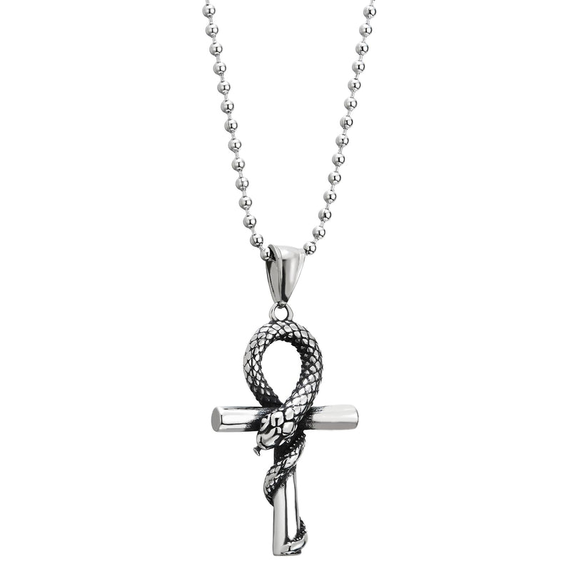 COOLSTEELANDBEYOND Stainless Steel Cobra Snake Cross Pendant Necklace for Men Women, 24 Inches Ball Chain