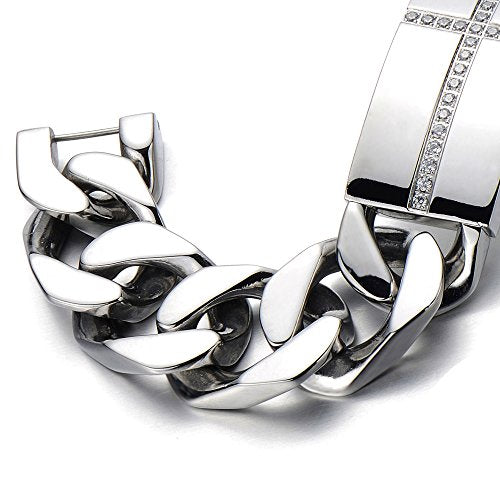 COOLSTEELANDBEYOND Mens Large Stainless Steel Cross Identity Curb Chain Bracelet Set Hip Hop Rock