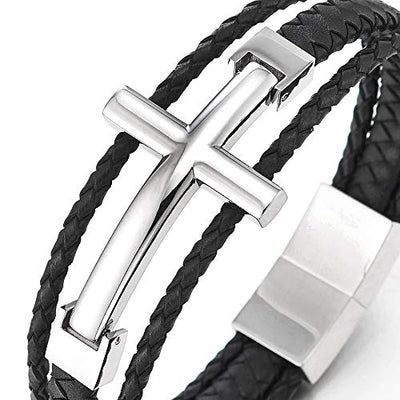 COOLSTEELANDBEYOND Men Stainless Steel Horizontal Sideway Lateral Cross Three-Row Braided Leather Bangle Bracelet