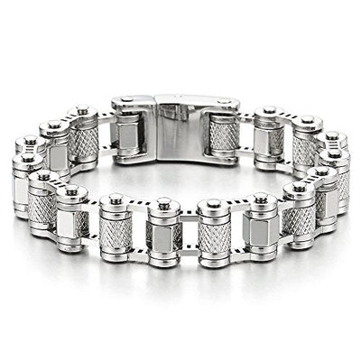 COOLSTEELANDBEYOND Masculine Mens Bike Motorcycle Link Bike Chain Bracelet of Stainless Steel with Skull Clasp