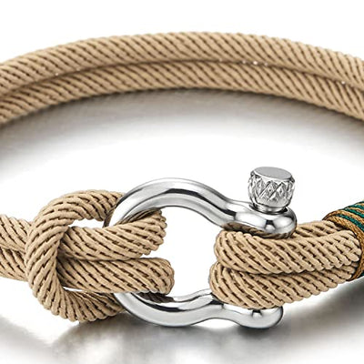 COOLSTEELANDBEYOND Mens Women Steel Screw Anchor Shackles Nautical Sailor Rope Cord Wrap Bracelet Wristband