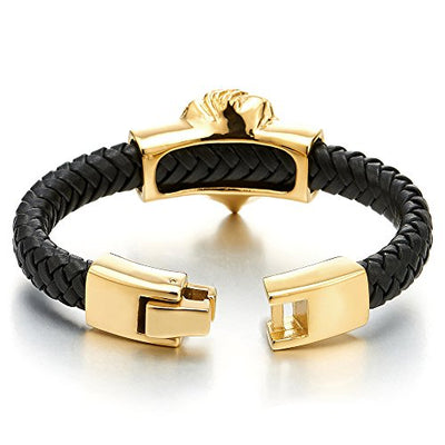 COOLSTEELANDBEYOND Mens Large Braided Leather Bracelet with Steel Lion and Genuine Leather Straps