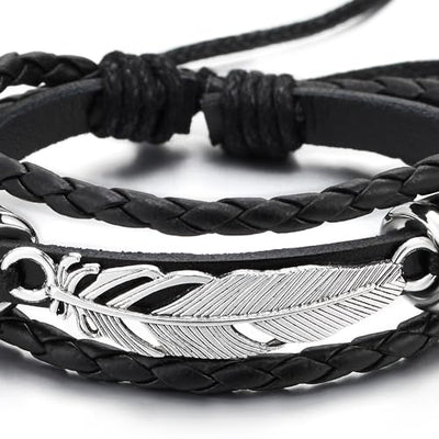 COOLSTEELANDBEYOND Feather Leaf Black Braided Leather Bracelet for Men Women, Three-Row Leather Wristband
