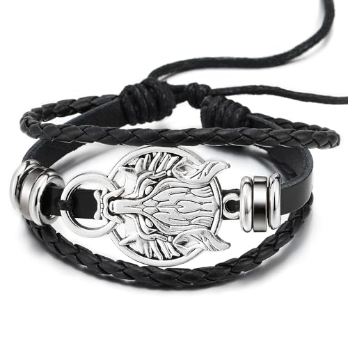 COOLSTEELANDBEYOND Circle of Wolf, Black Braided Leather Bracelet Multi-Strand Leather Wristband Wrap Bracelet for Men