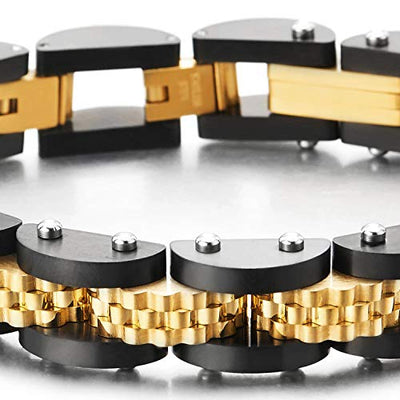 COOLSTEELANDBEYOND Stainless Steel Black Gold Convex Dotted Charms Link Bracelet Heavy-Duty Jewelry for Man