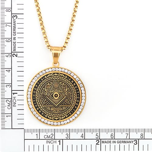 COOLSTEELANDBEYOND Circle Pendant All-seeing Eye of God Inside Triangle Pyramid, Gold Black with CZ, Mens Necklace