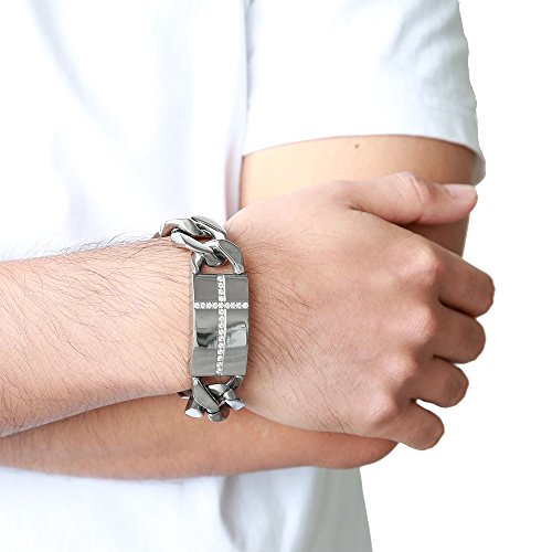 COOLSTEELANDBEYOND Mens Large Stainless Steel Cross Identity Curb Chain Bracelet Set Hip Hop Rock