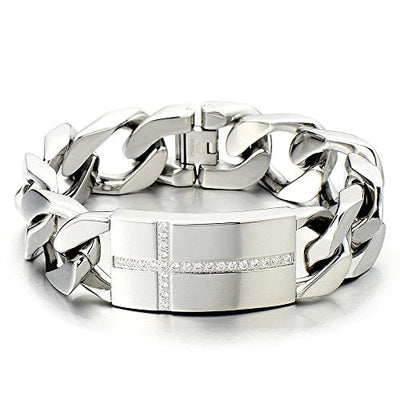 COOLSTEELANDBEYOND Mens Large Stainless Steel Cross Identity Curb Chain Bracelet Set Hip Hop Rock