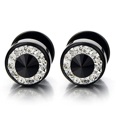 Mens Stud Earrings Stainless Steel Illusion Tunnel Plug Screw Back with Cubic Zirconia, 2pcs