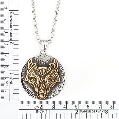 COOLSTEELANDBEYOND Viking Wolf Head Elder Futhark Circle Pendant, Silver Gold, Stainless Steel Mens Vintage Necklace