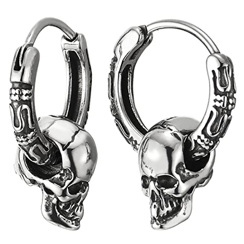 Mens Womens Stainless Steel Vintage Circle Huggie Hinged Hoop Earrings Dangle with Skulls, 2pcs