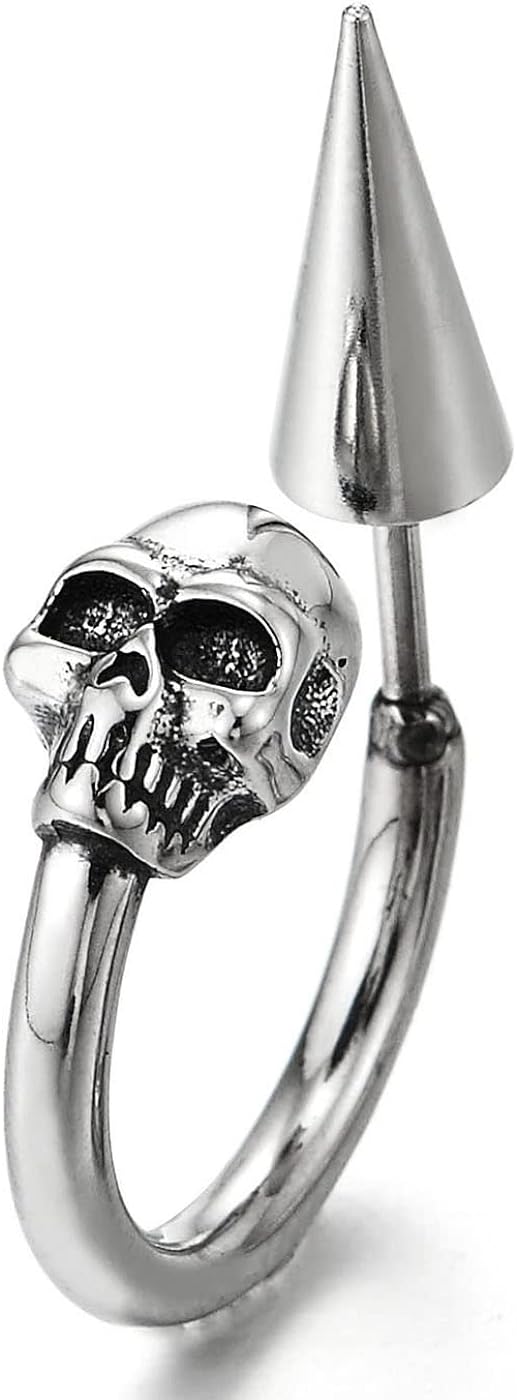 Half Hoop Skull Stud Earrings for Man Women, Stainless Steel, Spiked Screw Back, 2 pcs