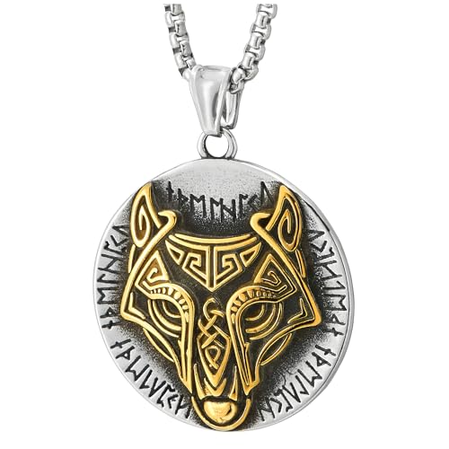 COOLSTEELANDBEYOND Viking Wolf Head Elder Futhark Circle Pendant, Silver Gold, Stainless Steel Mens Vintage Necklace