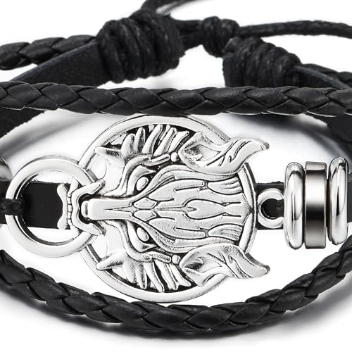 COOLSTEELANDBEYOND Circle of Wolf, Black Braided Leather Bracelet Multi-Strand Leather Wristband Wrap Bracelet for Men