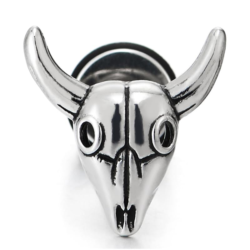 Pair of Bull Goat Skull Stud Earrings Unisex for Mens Stainless Steel