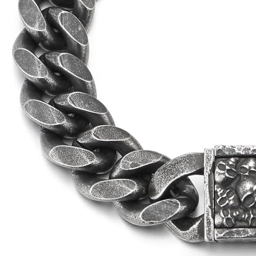 COOLSTEELANDBEYOND Old Metal Finishing Curb Chain Bracelet, Skulls Push-in Box Clasp, Mens Vintage Stainless Steel