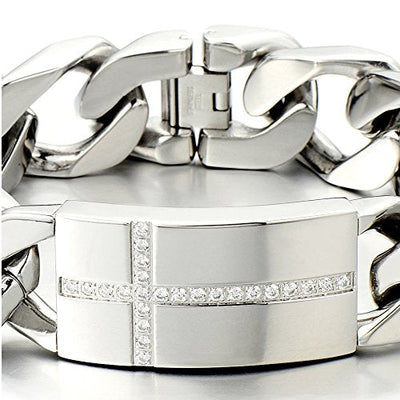 COOLSTEELANDBEYOND Mens Large Stainless Steel Cross Identity Curb Chain Bracelet Set Hip Hop Rock