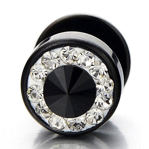 Mens Stud Earrings Stainless Steel Illusion Tunnel Plug Screw Back with Cubic Zirconia, 2pcs