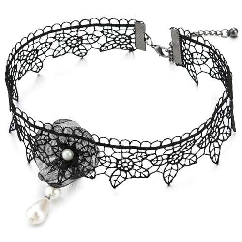 COOLSTEELANDBEYOND Ladies Womens Black Lace Choker Necklace with Flower and Dangling Charm Pendant