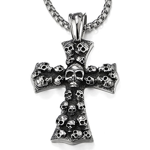 COOLSTEELANDBEYOND Mens Large Gothic Vintage Skulls Cross Pendant Necklace of Steel, Wheat Chain