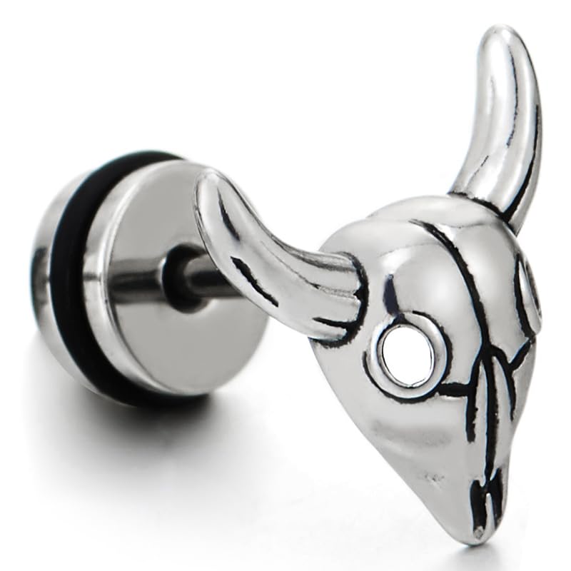Pair of Bull Goat Skull Stud Earrings Unisex for Mens Stainless Steel