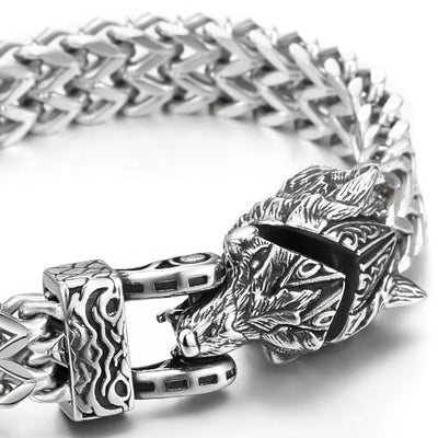 COOLSTEELANDBEYOND Steel Wolf Head Square Franco Chain Mens Biker Masculine Bracelet with Spring Clasp