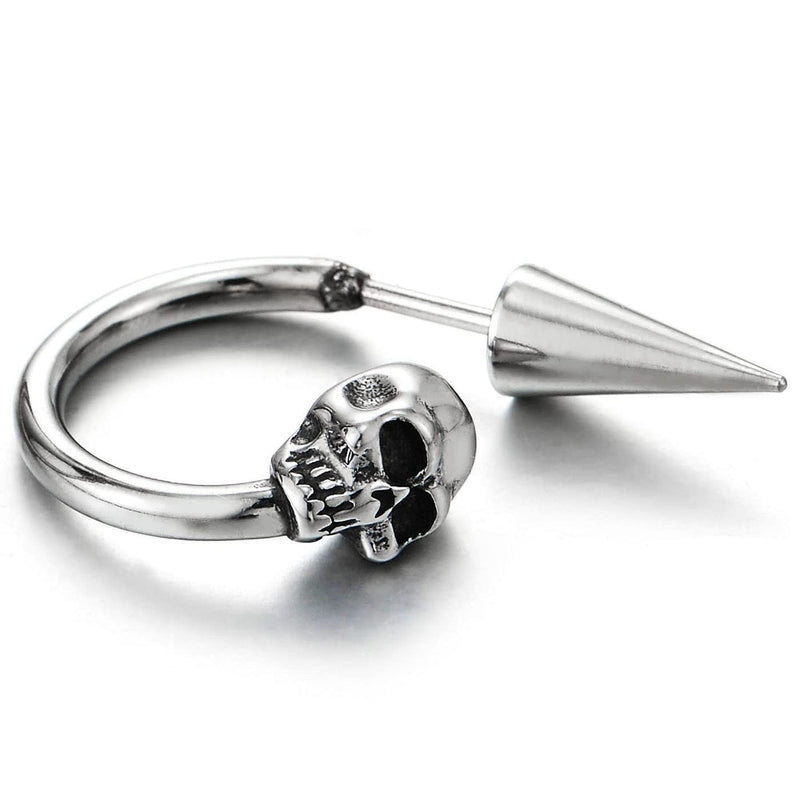 Half Hoop Skull Stud Earrings for Man Women, Stainless Steel, Spiked Screw Back, 2 pcs