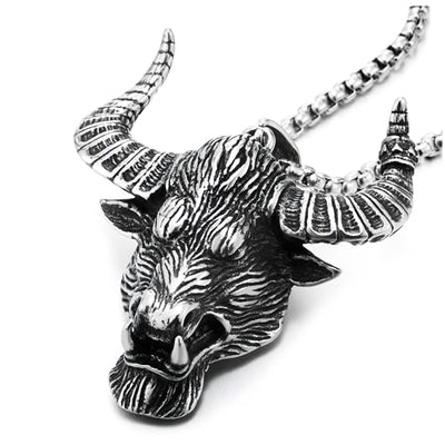 COOLSTEELANDBEYOND Large Bull Ox Head Pendant, Vintage Big Horn, Mens Stainless Steel Necklace, 30 Inches Wheat Chain