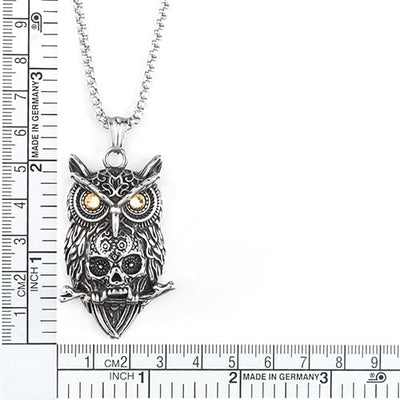 COOLSTEELANDBEYOND Owl and Skull Pendant, Mens Stainless Steel Vintage Necklace with 30 inches Wheat Chain