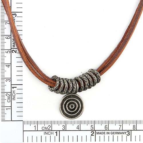 COOLSTEELANDBEYOND Swirl Circle Charm Pendant Leather Necklace for Men and Women, Vintage, Brown Leather Cord