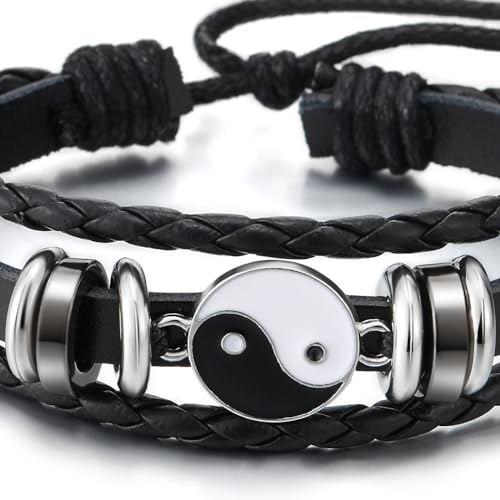 COOLSTEELANDBEYOND Yin-Yang Charm Bracelet, Black Leather Three-strand, Mens Womens Wrap Wristband