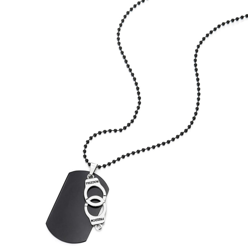 COOLSTEELANDBEYOND Black Dog Tag and Handcuff Pendant Necklace for Men, Silver Black, 27 Inches Ball Chain, Punk Rock