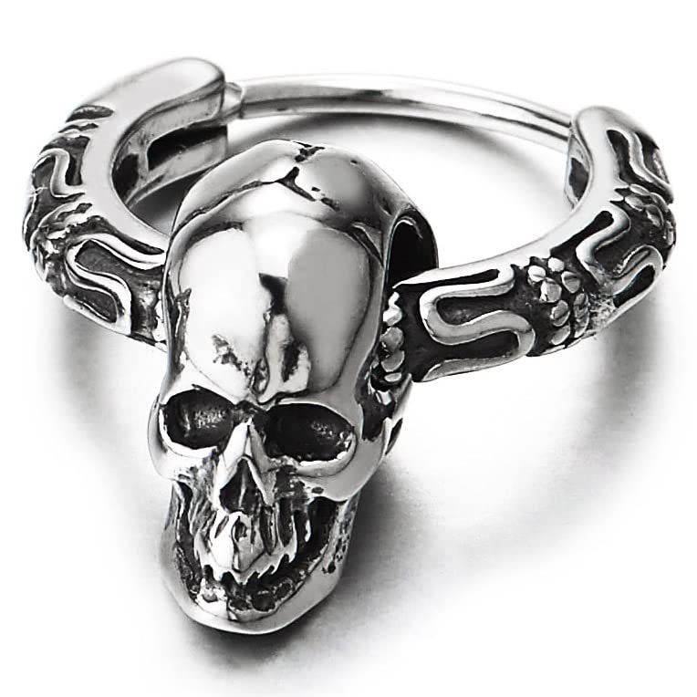 Mens Womens Stainless Steel Vintage Circle Huggie Hinged Hoop Earrings Dangle with Skulls, 2pcs