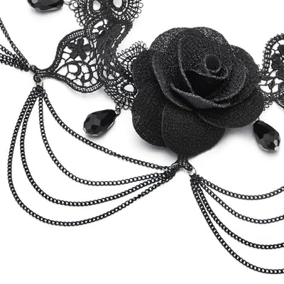 COOLSTEELANDBEYOND Gothic Victorian Nostalgic Choker Necklace Ladies Black Rose Flower Lace with Chains and Bead Charms