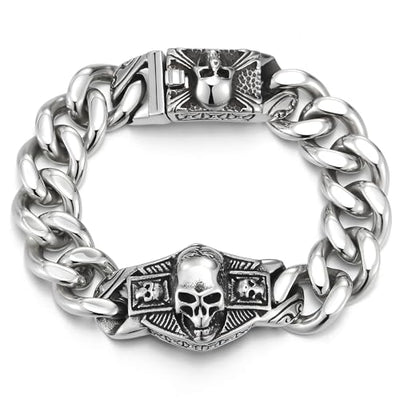 COOLSTEELANDBEYOND Stainless Steel Curb Chain Mens Large Skull ID Identification Bracelet, Skull Charm Clasp