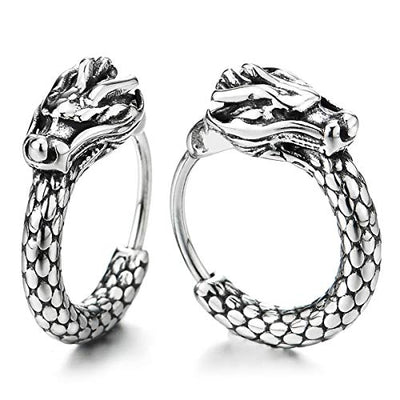 Retro Style Vintage Dragon Scales Huggie Hinged Hoop Earrings for Men Womens, Stainless Steel