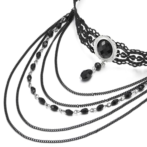 COOLSTEELANDBEYOND Gothic Victorian Nostalgic Black Lace Choker Necklace with Long Dangling Teardrop Beads and Chains