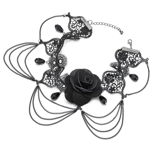 COOLSTEELANDBEYOND Gothic Victorian Nostalgic Choker Necklace Ladies Black Rose Flower Lace with Chains and Bead Charms