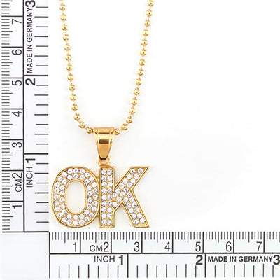 COOLSTEELANDBEYOND Iced Out OK Pendant of Cubic Zirconia, Gold Color Hip Hop Punk Necklace for Men Women, Steel